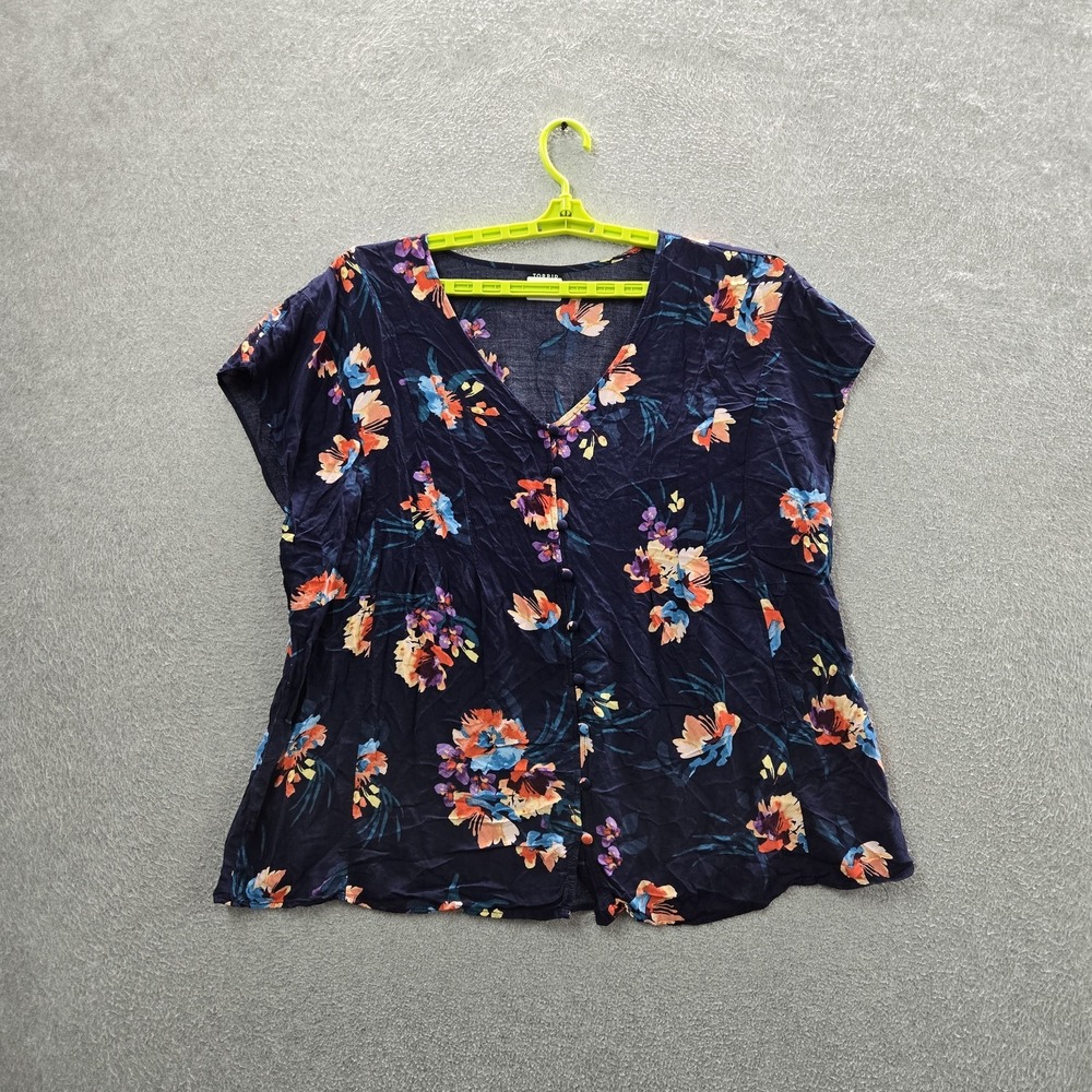 Torrid Women Blouse 3 Navy Floral Button V-Neck Front Short Sleeve